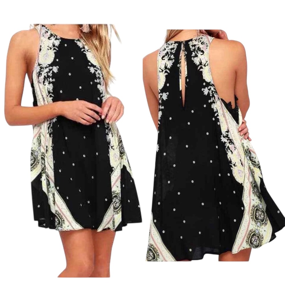 Free People Intimately Mini Dress Size S Darjeeling Black Floral Flowy Feminine‎